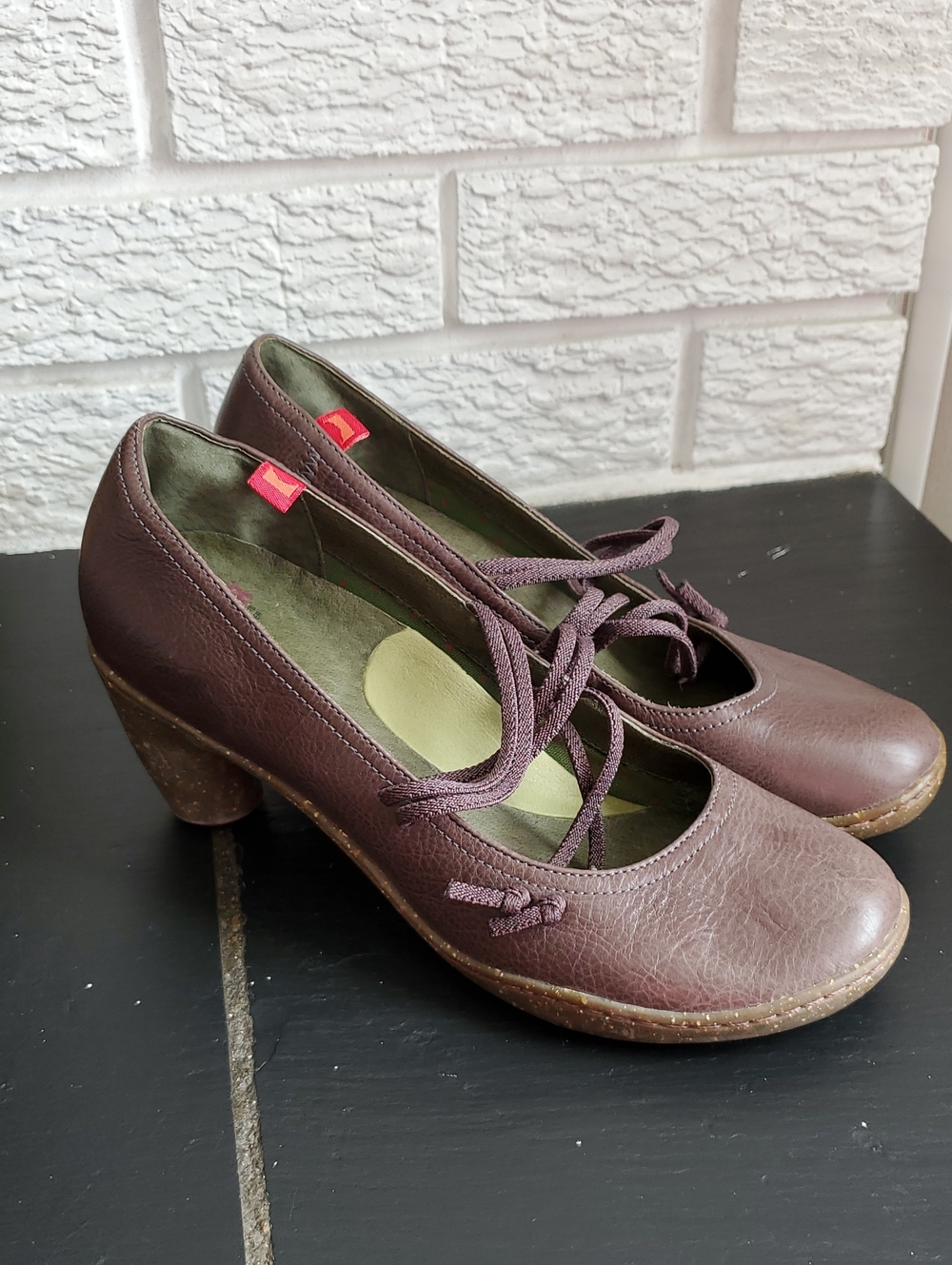 Camper Lace-Up Round-Toe Leather Rubber Heels Mary Jane Deep Plum Brown Sz 6.5